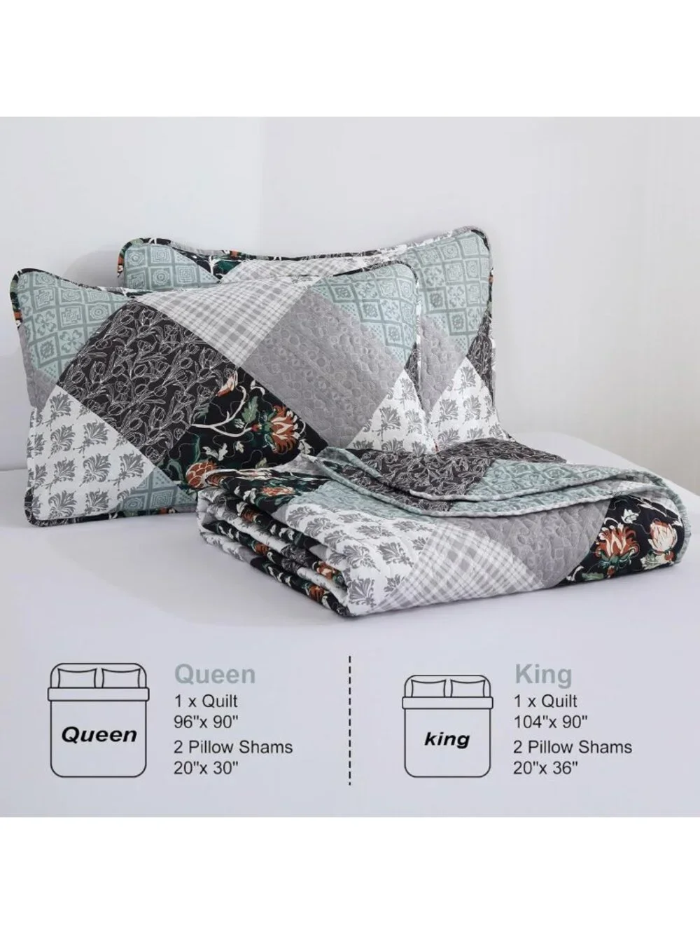Boho Patchwork Quilt Set Queen, 3-Piece Floral Microfiber Bedspread, Reversible